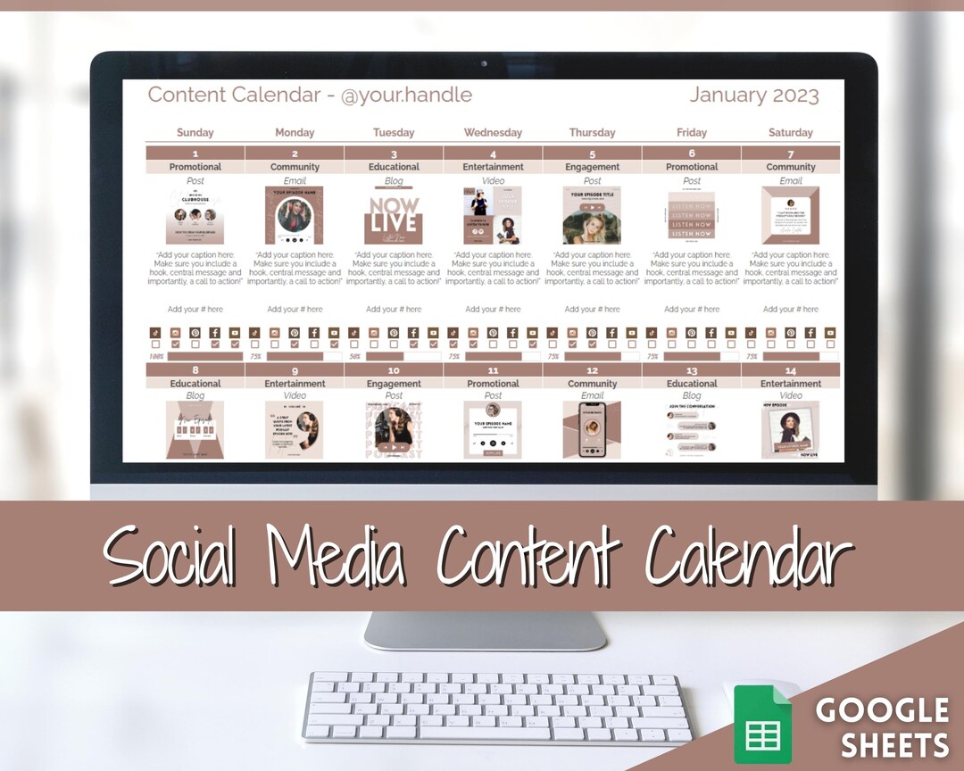 Social Media Content Calendar, Google Sheets Spreadsheet, Editable