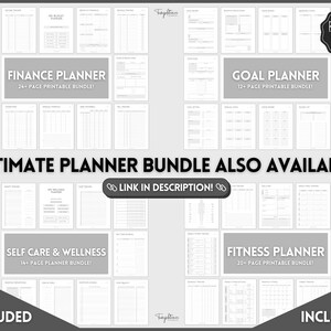 K&ouml;nnte beinhalten: Eine Collage aus druckbaren Planerseiten f&uuml;r Finanzen, Zielsetzung, Selbstpflege und Fitness. Die Seiten sind schwarzwei&szlig; und verf&uuml;gen &uuml;ber verschiedene Diagramme, Tabellen und Abschnitte zur Verfolgung des Fortschritts. Der Text "Ultimate Planner Bundle Also Available! Link in Description!" ist im Bild enthalten.