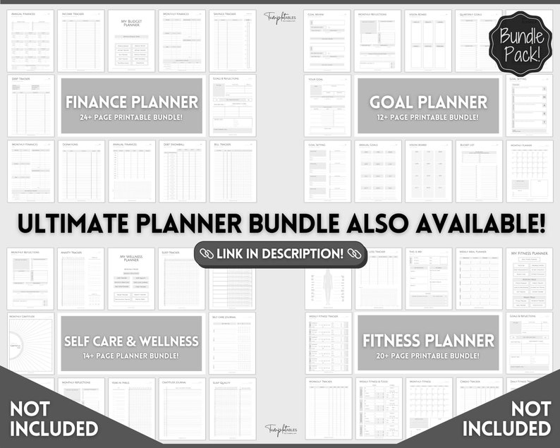 K&ouml;nnte beinhalten: Eine Collage aus druckbaren Planerseiten f&uuml;r Finanzen, Zielsetzung, Selbstpflege und Fitness. Die Seiten sind schwarzwei&szlig; und verf&uuml;gen &uuml;ber verschiedene Diagramme, Tabellen und Abschnitte zur Verfolgung des Fortschritts. Der Text "Ultimate Planner Bundle Also Available! Link in Description!" ist im Bild enthalten.