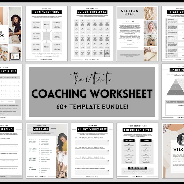 Coaching Worksheet Template Bundle! Canva Workbook Templates, eBook, Lead Magnet, Coaches, Charts, Checklists, Planners, Webinar, Challenges