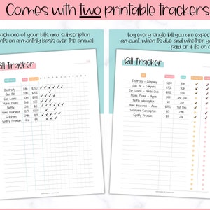 May include: Two printable bill tracker pages with a light blue and pink background. The first page is titled "Bill Tracker" and has a list of bills and subscriptions to track, including electricity, gas, car loans, mobile phone, Netflix, home insurance, Guildware, and Spotify Premium. The second page is also titled "Bill Tracker" and has a list of bills to track, including electricity, gas, car loans, mobile phone, Netflix, home insurance, Guildware, and Spotify Premium. Both pages have a grid for tracking payments.