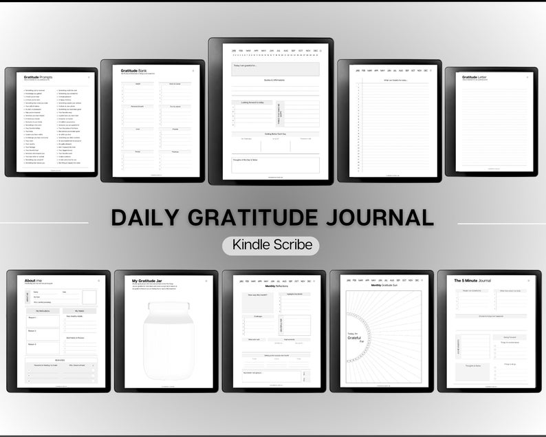 K&ouml;nnte beinhalten: Ein digitaler Planer mit schwarzem Cover und wei&szlig;em Bildschirm, der ein t&auml;gliches Dankbarkeitsjournal anzeigt. Das Journal enth&auml;lt Aufforderungen, Listen und ein Dankbarkeitsglas. Der Text "DAILY GRATITUDE JOURNAL" und "Kindle Scribe" wird auf dem Bildschirm angezeigt.