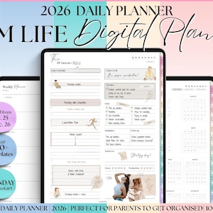 以下が含まれることがあります： 「MOM LIFE Digital Planner」のテキストが入った2026年版デジタルプランナー。画像には、週ごとや日ごとのレイアウトを含む、複数のデジタルプランナースクリーンが表示されています。プランナーは11月25日から12月26日までの日付で、100以上のテンプレートが含まれています。