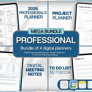 Op de afbeelding: Een digitale plannerbundel met een 2026 Professional's Planner, Project Planner, To Do List en Meeting Notepad. De afbeelding toont de planners op tablets, met een blauwe banner met de tekst "MEGA BUNDLE PROFESSIONAL".