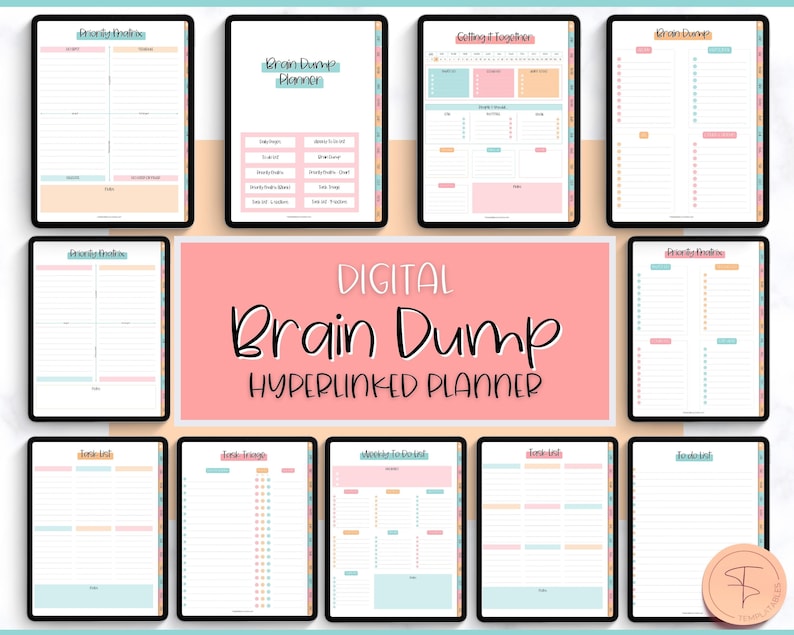 Puede incluir: Un planificador digital con fondo rosa y el texto "DIGITAL Brain Dump HYPERLINKED PLANNER". El planificador incluye p&aacute;ginas para objetivos mensuales, listas de tareas semanales, descargas de cerebro y m&aacute;s.