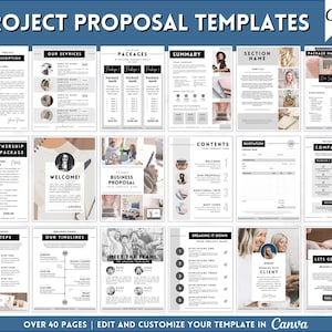 May include: A collection of project proposal templates for Canva. The templates feature a modern, minimalist design with black and white accents. The templates include sections for project description, services, packages, summary, section name, contents, quotation, compare plans, next steps, timelines, meet the team, breaking it down, working with client, and lets get started. The templates are designed to help businesses create professional and effective proposals.