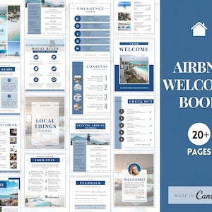 May include: A digital Airbnb welcome book with a blue and white design. The book includes sections on house rules, emergency contacts, local attractions, and a welcome message. The cover reads "Airbnb Welcome Book" with "20+ Pages" and "Made in Canva".