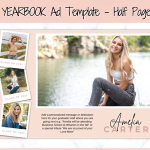 Jaarboek AD-sjabloon, Senior & High School afstuderen, Grad aankondiging, schooljaarboek, halve pagina, fotokaart, jaarboekadvertentie, Grad eerbetoon