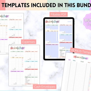 May include: Four printable budget templates in a bundle pack. The templates include a bi-weekly budget, expenses, cash envelopes, and income and expenses. The templates are designed with pastel colors and are fillable PDFs.