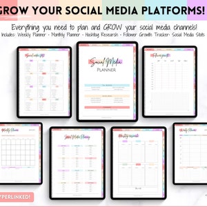 May include: A digital planner for social media with a colorful design. The planner includes sections for weekly planning, monthly planning, hashtag research, follower growth tracking, and social media stats. The text "GROW YOUR SOCIAL MEDIA PLATFORMS!" is at the top of the image. The text "ALL HYPERLINKED!" is at the bottom of the image.
