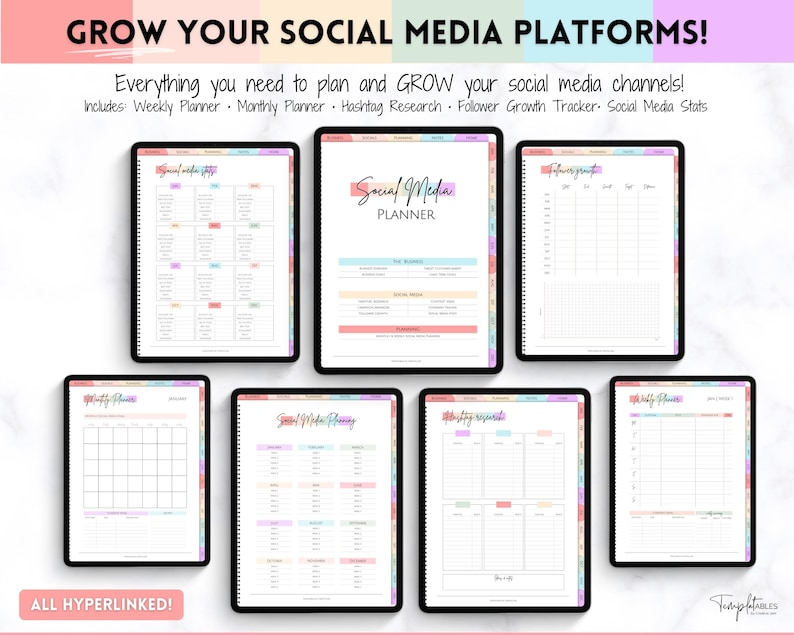 May include: A digital planner for social media with a colorful design. The planner includes sections for weekly planning, monthly planning, hashtag research, follower growth tracking, and social media stats. The text "GROW YOUR SOCIAL MEDIA PLATFORMS!" is at the top of the image. The text "ALL HYPERLINKED!" is at the bottom of the image.