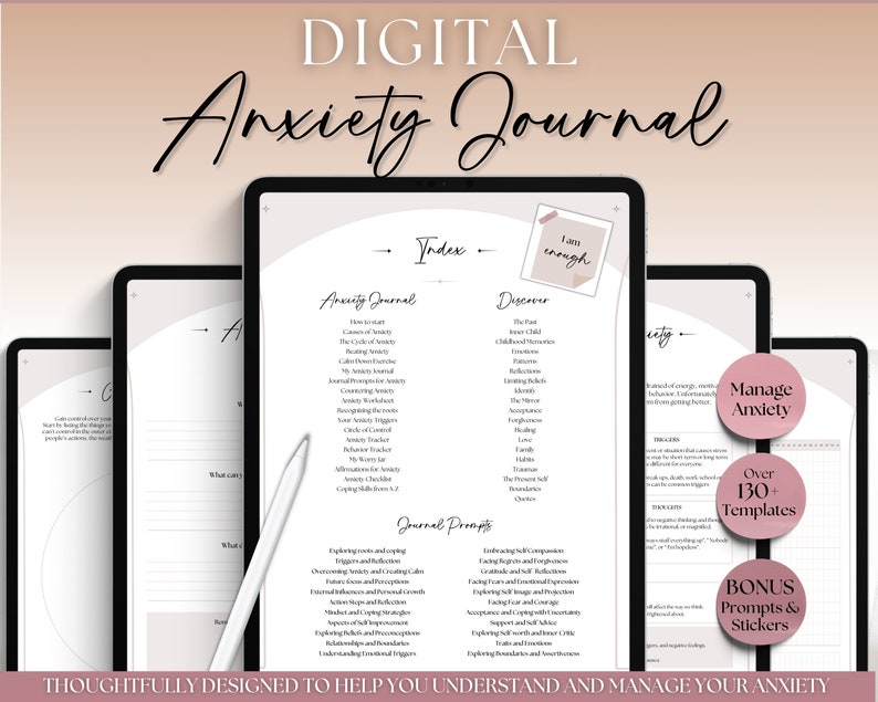 Digital Anxiety Journal, Anxiety Worksheets, GoodNotes Anxiety Relief Workbook, Guided Prompts, CBT Therapy Notebook, Mental Health Wellness