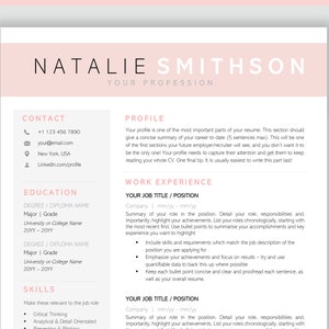 K&ouml;nnte beinhalten: Eine rosa und wei&szlig;e Lebenslaufvorlage mit dem Namen Natalie Smithson oben. Die Vorlage enth&auml;lt Abschnitte f&uuml;r Kontaktinformationen, Ausbildung, F&auml;higkeiten, Profil und Berufserfahrung.