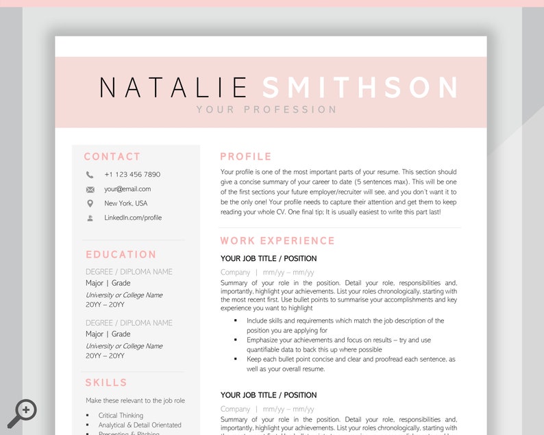 K&ouml;nnte beinhalten: Eine rosa und wei&szlig;e Lebenslaufvorlage mit dem Namen Natalie Smithson oben. Die Vorlage enth&auml;lt Abschnitte f&uuml;r Kontaktinformationen, Ausbildung, F&auml;higkeiten, Profil und Berufserfahrung.