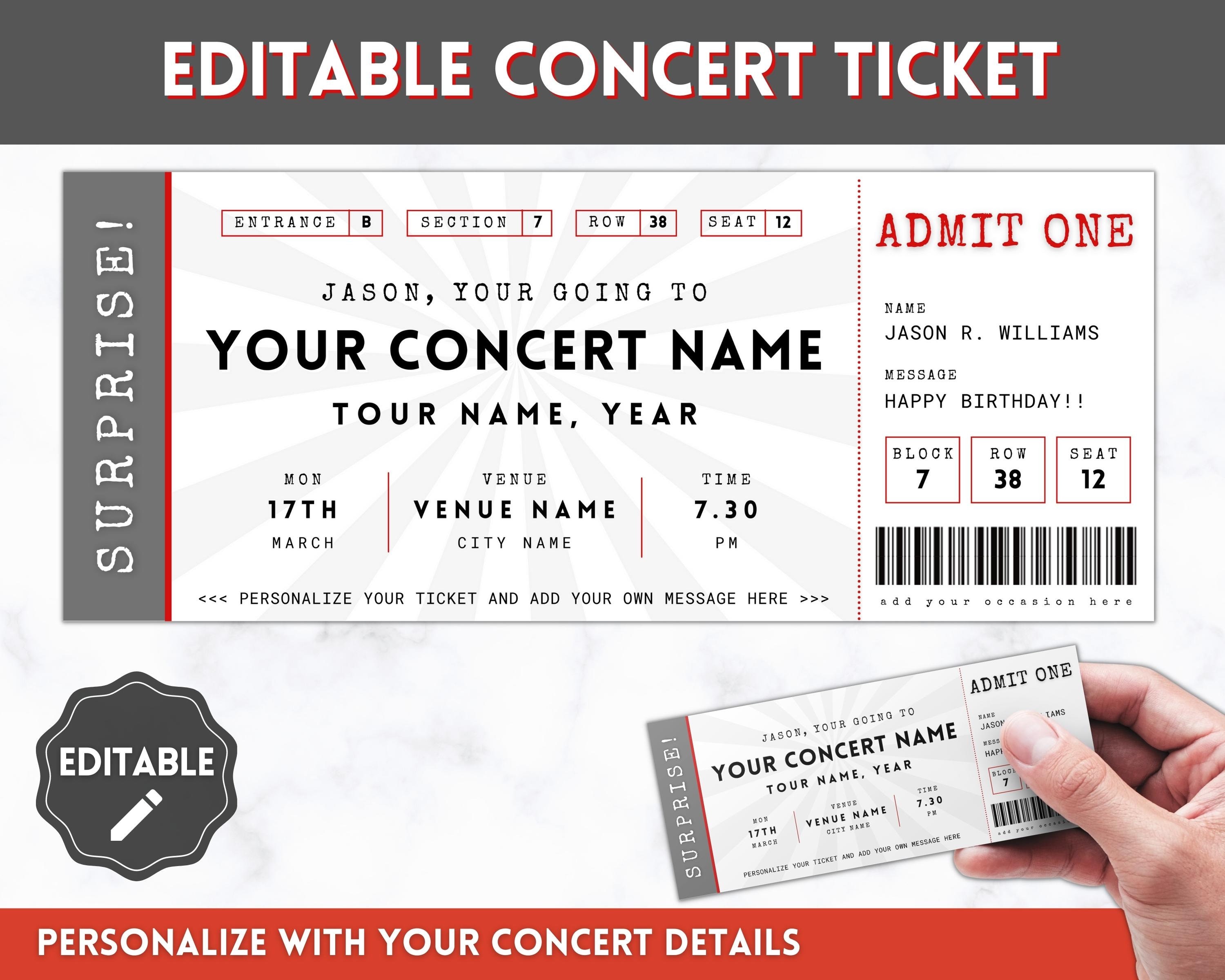 EDITABLE Concert Ticket Template Surprise Getaway Gift Etsy