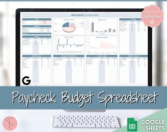 May include: A digital spreadsheet template for Google Sheets, displayed on a laptop screen. The template is designed to help users track their income and expenses, with sections for income, bills, subscriptions, debt, and general expenses. The template includes charts and graphs to visualise spending patterns. The title of the spreadsheet is "Paycheck Dashboard".