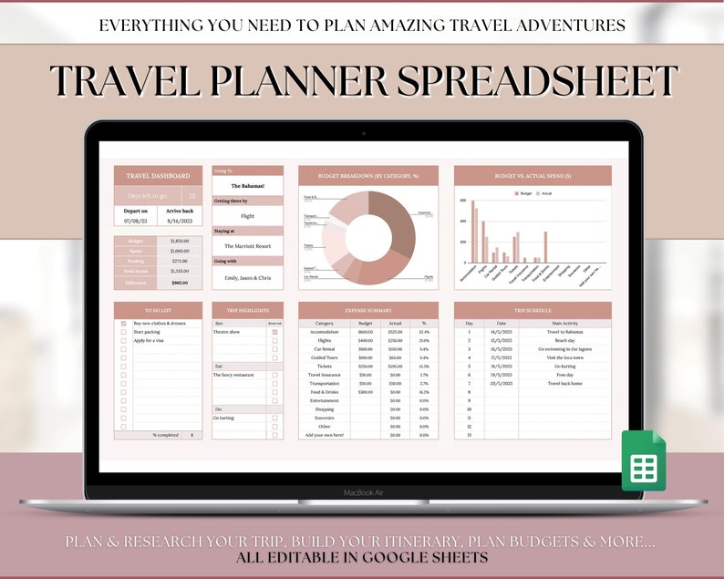 Pu&ograve; includere: Uno schermo di computer portatile che mostra un foglio di calcolo di pianificazione di viaggio in Google Sheets. Il foglio di calcolo include sezioni per il cruscotto di viaggio, la lista di cose da fare, i punti salienti del viaggio, il diario delle spese, il programma di viaggio e la ripartizione del budget. Il foglio di calcolo &egrave; progettato per aiutare gli utenti a pianificare e ricercare i loro viaggi, creare itinerari, pianificare budget e altro ancora.