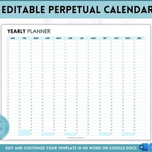 EDITABLE Perpetual Calendar, Undated Year at a glance, Reusable calendar, Year on one page, Yearly Overview, Annual Planner, 12 month