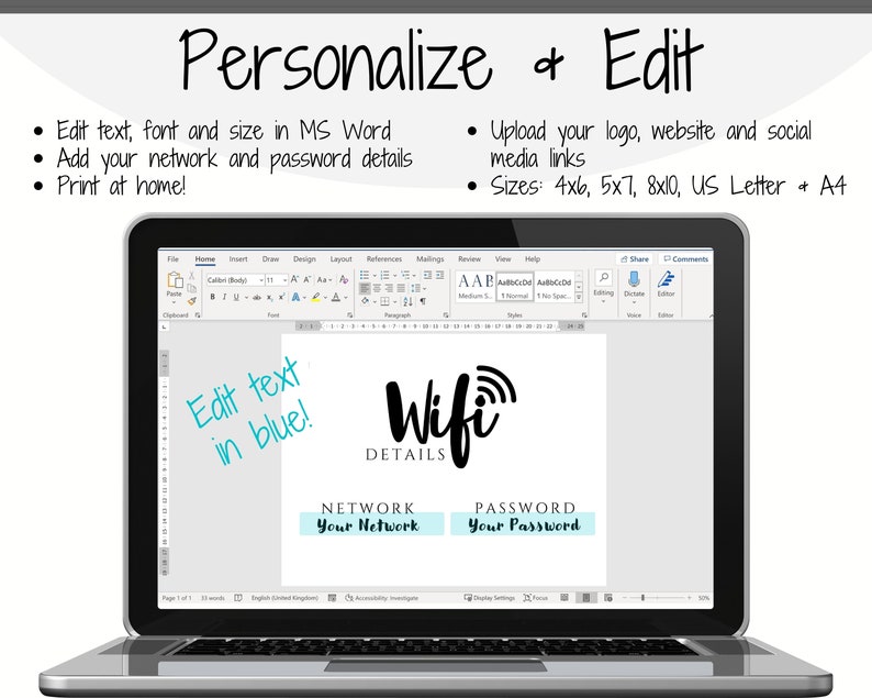 Wifi Password Sign, Editable Wifi Sign Printable Template, Be Our Guest Sign, Wi-fi password sign, Airbnb Guest Room, Wall Art, Landscape image 3