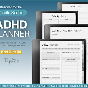 Könnte beinhalten: Ein digitaler Planer für Kindle Scribe mit einem schwarz-weißen Design. Der Planer enthält Abschnitte für die tägliche, wöchentliche und monatliche Planung sowie eine Prioritätsmatrix, einen Brain Dump und einen ADHD-Verhaltens-Tracker. Der Text "HYPERLINKED!" wird in Gelb angezeigt.