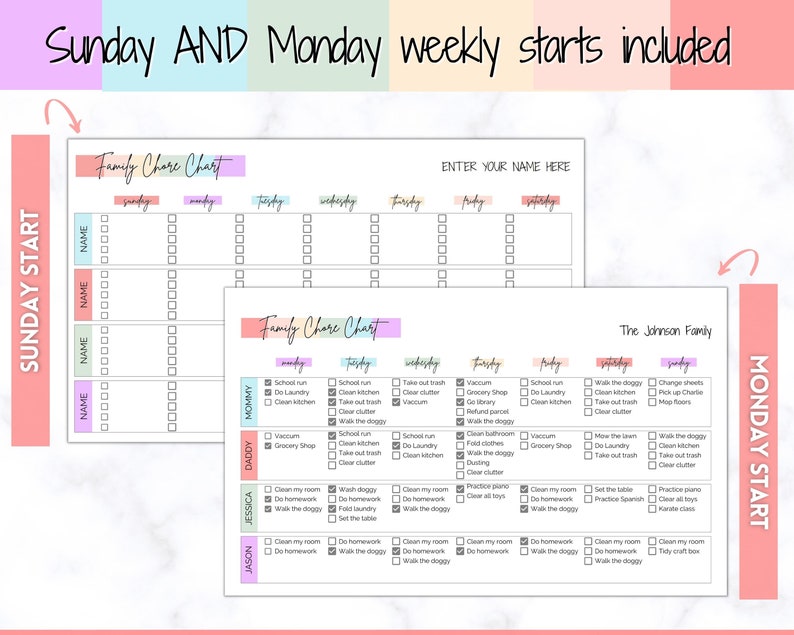 May include: A printable chore chart for families with a colorful design. The chart includes spaces for each family member's name and a list of chores for each day of the week. The text "Sunday AND Monday weekly starts included" is at the top of the chart.
