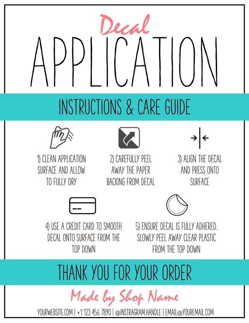 Decal Application Instructions EDITABLE Vinyl Care Card Etsy