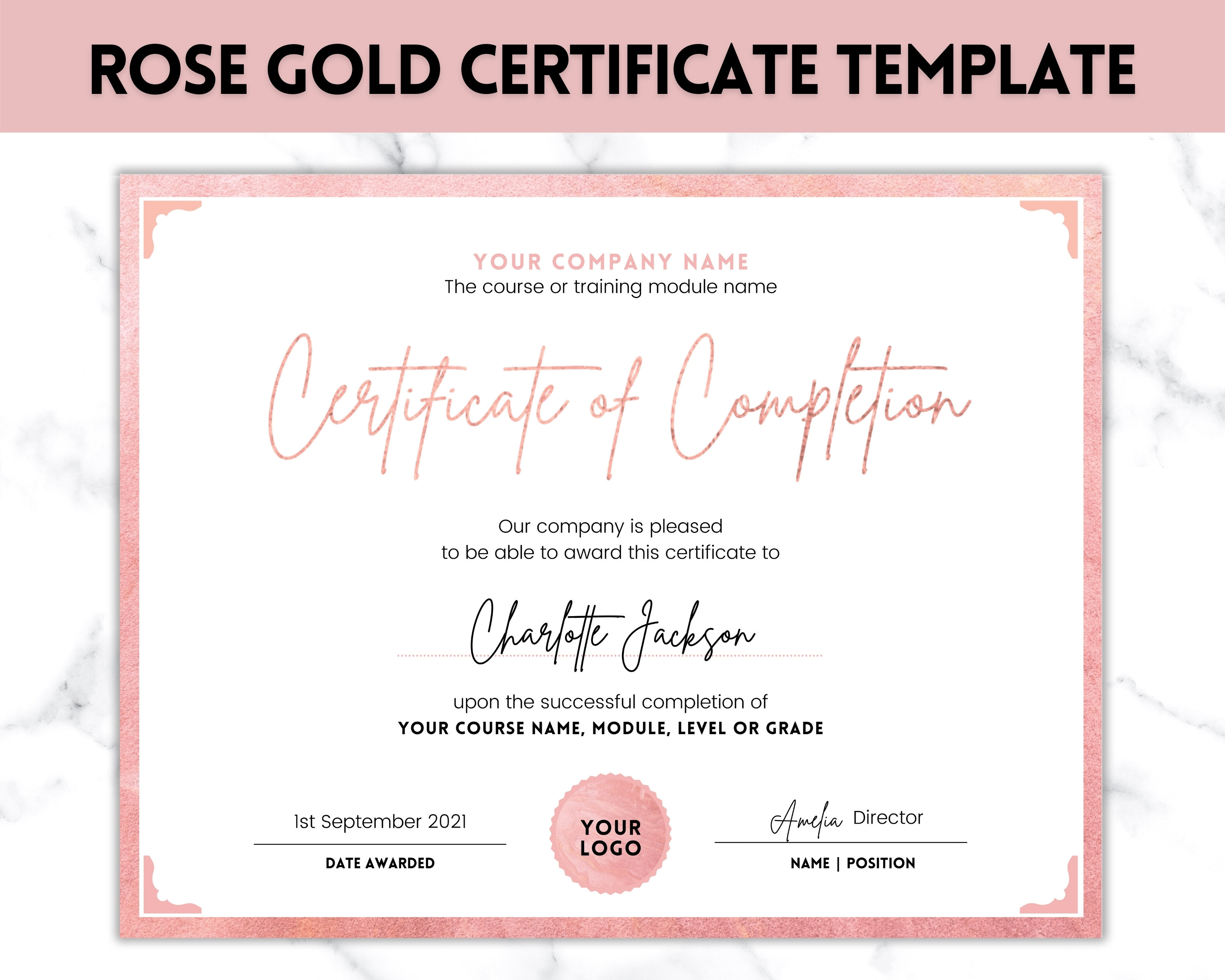 Certificate Template, Editable Certificate of Completion, Achievement,  Award, Recognition, Hair, Massage, Lashes Course, Training, Rose Gold Within Certificate Of Acceptance Template