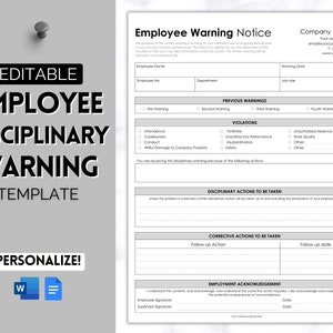 Employee Warning Notice, EDITABLE Disciplinary Form, Small Business Forms, Human Resources, Employee Write Up, HR Performance Discipline