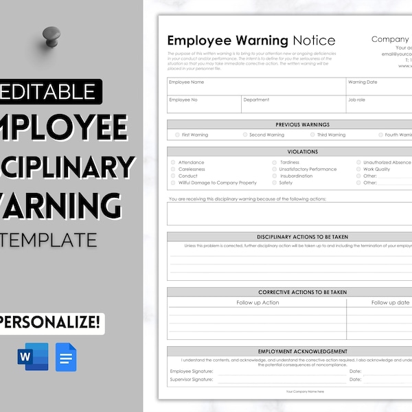 Employee Warning Notice, EDITABLE Disciplinary Form, Small Business Forms, Human Resources, Employee Write Up, HR Performance Discipline