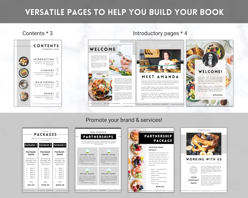 Puede incluir: Una colecci&oacute;n de p&aacute;ginas para un libro de cocina, con im&aacute;genes de comida, un mensaje de bienvenida e informaci&oacute;n sobre el autor. Las p&aacute;ginas incluyen una tabla de contenido, un mensaje de bienvenida, una p&aacute;gina de presentaci&oacute;n del autor y una p&aacute;gina sobre trabajar con el autor. Las p&aacute;ginas est&aacute;n dise&ntilde;adas para ayudarte a crear tu propio libro de cocina.