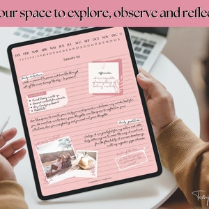 May include: A pink digital planner with a calendar, daily intentions, a to-do list, daily highlights, and daily gratitude sections. The planner has a pink background with white lines and black text. The text in the image reads "Your space to explore, observe and reflect", "January 1st", "Daily Intentions", "Take a moment to pause and breathe through all of the noise during the day - be present", "To-Do List", "Read every write up", "Record events for socials", "Daily Enjoyment", "Meditate", "Affirmation", "I am capable of everything I set my mind to", "Use this space to create your daily journal spread in whatever way works best for you. Be creative, write down your thoughts, use the space to reflect on your intentions, how you are feeling and journal out your thoughts", "Daily Gratitude", "Today, I am grateful for my active and able body allowing me to move the way I want and for the flexibility I am developing with my regular yoga classes", "Some of the things for the throughout the world".