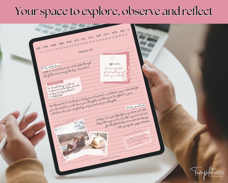 May include: A pink digital planner with a calendar, daily intentions, a to-do list, daily highlights, and daily gratitude sections. The planner has a pink background with white lines and black text. The text in the image reads "Your space to explore, observe and reflect", "January 1st", "Daily Intentions", "Take a moment to pause and breathe through all of the noise during the day - be present", "To-Do List", "Read every write up", "Record events for socials", "Daily Enjoyment", "Meditate", "Affirmation", "I am capable of everything I set my mind to", "Use this space to create your daily journal spread in whatever way works best for you. Be creative, write down your thoughts, use the space to reflect on your intentions, how you are feeling and journal out your thoughts", "Daily Gratitude", "Today, I am grateful for my active and able body allowing me to move the way I want and for the flexibility I am developing with my regular yoga classes", "Some of the things for the throughout the world".