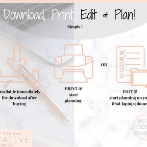 May include: Illustration of a download icon, a printer icon, and a checklist icon with a folder. Text reads "Download, Print, Edit & Plan! Simple! Available immediately for download after buying. PRINT & start planning. OR EDIT & start planning on your iPad/laptop/phone! INSTANT DIGITAL DOWNLOAD"