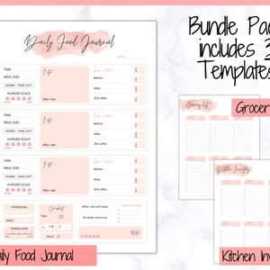 Op de afbeelding: Printbare bundel van drie roze en witte plannerpagina's. De eerste pagina is een dagelijks voedingsdagboek met secties voor maaltijdtijd, maaltijdgrootte, thuis of afhalen, hongerschaal, wat je hebt gegeten, hoe je je voelde en notities. De tweede pagina is een boodschappenlijst met een roze aquarel achtergrond. De derde pagina is een keukeninventaris met een roze aquarel achtergrond.