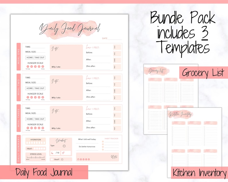 Op de afbeelding: Printbare bundel van drie roze en witte plannerpagina's. De eerste pagina is een dagelijks voedingsdagboek met secties voor maaltijdtijd, maaltijdgrootte, thuis of afhalen, hongerschaal, wat je hebt gegeten, hoe je je voelde en notities. De tweede pagina is een boodschappenlijst met een roze aquarel achtergrond. De derde pagina is een keukeninventaris met een roze aquarel achtergrond.