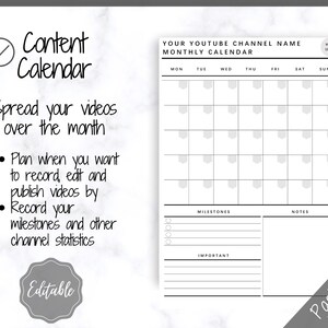 May include: A black and white printable content calendar for YouTube channels. The calendar includes a monthly grid with days of the week, sections for milestones and notes, and the text "YOUR YOUTUBE CHANNEL NAME MONTHLY CALENDAR".