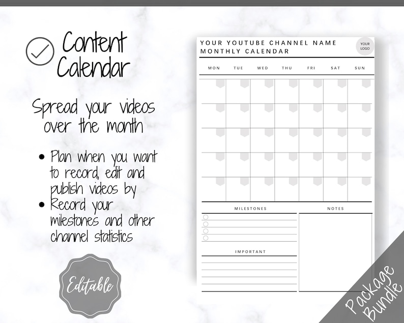 May include: A black and white printable content calendar for YouTube channels. The calendar includes a monthly grid with days of the week, sections for milestones and notes, and the text "YOUR YOUTUBE CHANNEL NAME MONTHLY CALENDAR".