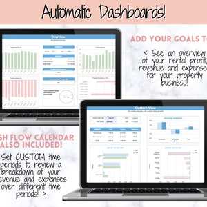 Peut inclure: Deux &eacute;crans d'ordinateur portable affichant une feuille de calcul avec des graphiques et des diagrammes. Le texte &agrave; l'&eacute;cran indique "Automatic Dashboards!" et "ADD YOUR GOALS TOO!" Le texte &agrave; l'&eacute;cran indique &eacute;galement "CASH FLOW CALENDAR ALSO INCLUDED!" et "Set CUSTOM time periods to review a breakdown of your revenue and expenses over different time periods!"