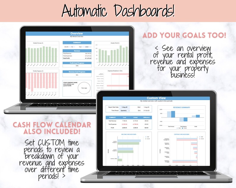Peut inclure: Deux &eacute;crans d'ordinateur portable affichant une feuille de calcul avec des graphiques et des diagrammes. Le texte &agrave; l'&eacute;cran indique "Automatic Dashboards!" et "ADD YOUR GOALS TOO!" Le texte &agrave; l'&eacute;cran indique &eacute;galement "CASH FLOW CALENDAR ALSO INCLUDED!" et "Set CUSTOM time periods to review a breakdown of your revenue and expenses over different time periods!"
