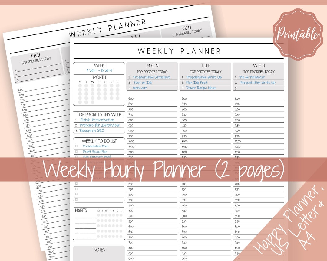To Do List Printable, Weekly Planner, Hourly Planner, Week on 2 Pages ...