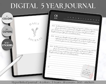 One line a day Digital Daily Journal, 5 year Journal, GoodNotes iPad Notebook, Hyperlinked Digital 365 Diary, Stickers & Covers, Minimalist