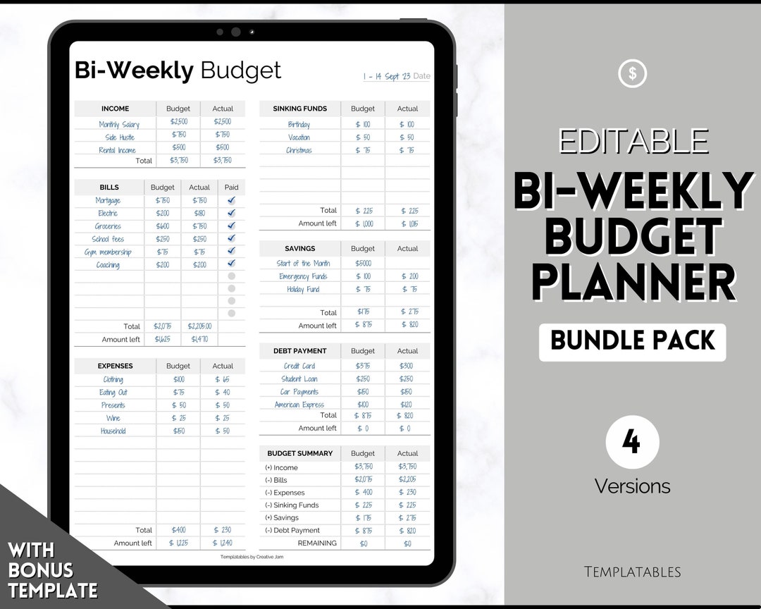 Bi-weekly Budget Planner, EDITABLE Biweekly Template, PDF Printable ...