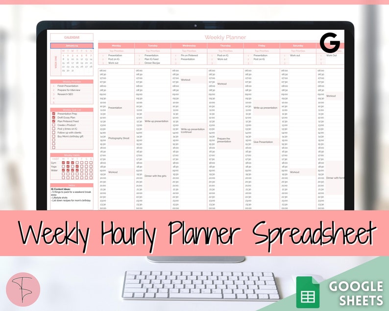 Weekly Hourly Planner Spreadsheet EDITABLE Google Sheets Etsy