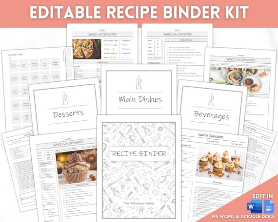 EDITABLE Recipe Binder Kit, Recipe Book Template BUNDLE, Cookbook Kit, Recipe Card, Recipe Page, Recipe Sheet, Food Planner, 35+ pages