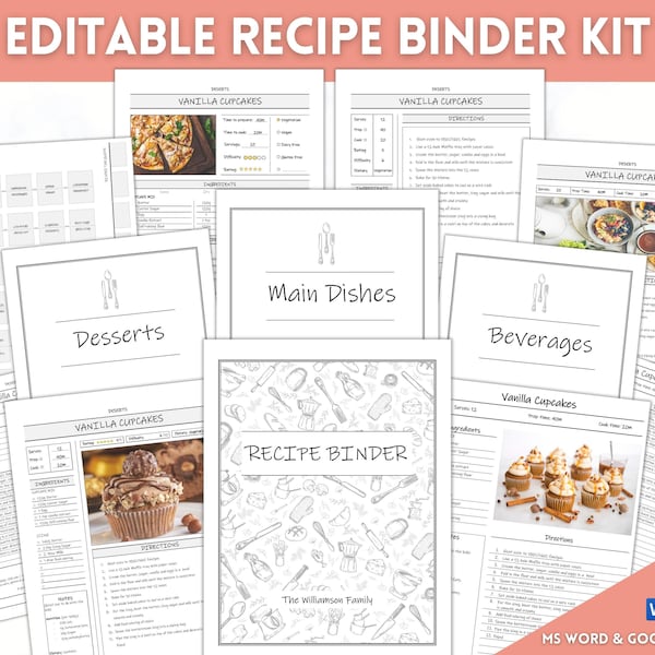 Ensemble de reliure de recettes MODIFIABLE, lot de modèles de livre de recettes, kit de livre de cuisine, carte de recette, page de recette, fiche de recette, planificateur de nourriture, plus de 35 pages