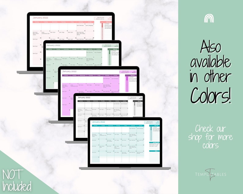 May include: Five different color variations of a digital January 2022 calendar displayed on laptop screens. The calendar has a daily grid with space for notes and appointments. The text "Also available in other Colors!" and "Check our shop for more colors" is displayed on the right side of the image.