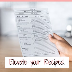 Puede incluir: Una tarjeta de receta para cupcakes de vainilla. La tarjeta enumera los ingredientes, las instrucciones y la informaci&oacute;n nutricional para los cupcakes. La tarjeta est&aacute; siendo sostenida por una mano.