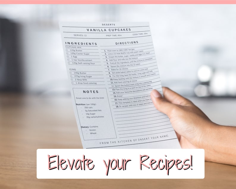 Puede incluir: Una tarjeta de receta para cupcakes de vainilla. La tarjeta enumera los ingredientes, las instrucciones y la informaci&oacute;n nutricional para los cupcakes. La tarjeta est&aacute; siendo sostenida por una mano.