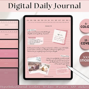 Digital Daily Journal, GoodNotes Notebook, Hyperlinked Digital Planner, iPad Diary, Stickers & Covers, Minimalist Note Taking Lined Template