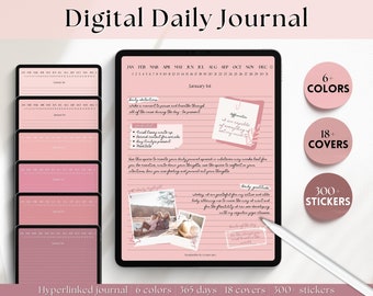 May include: A digital daily journal app on a tablet screen with a pink and white color scheme. The app features a calendar, daily intentions, daily gratitude, and a daily highlight section. The app also includes 6 colors, 18 covers, and 300 stickers.
